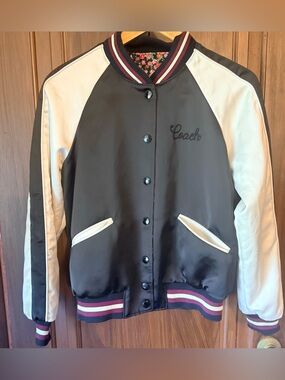 COACH Women’s Bomber REVERSIBLE Varsity Jacket Floral Print Colorblock Satin